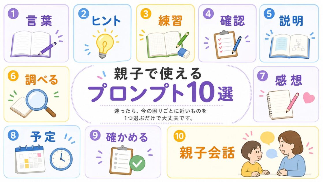 親子で使えるAIプロンプト10選を、言葉、ヒント、練習、確認、説明、調べ学習、感想、勉強計画、確かめ、親子会話に分けてまとめた一覧図