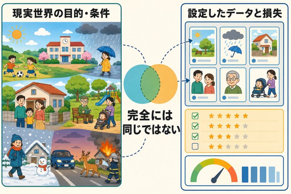現実世界の目的や条件と、AI学習で設定したデータと損失が完全には一致しないことを示した図