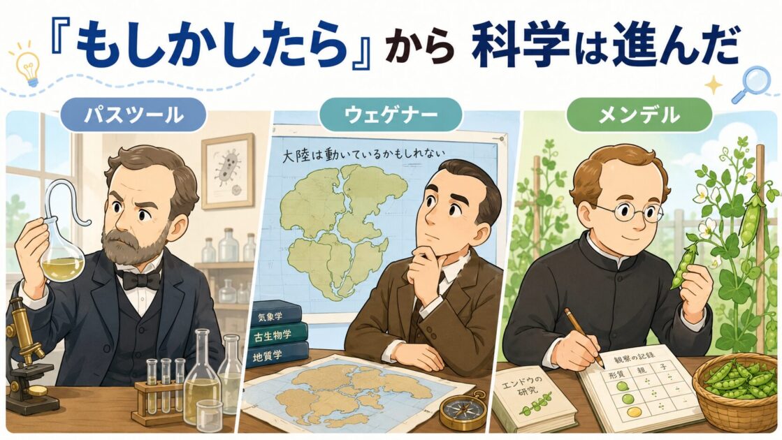 パスツール・ウェゲナー・メンデルの仮説と研究を示す図