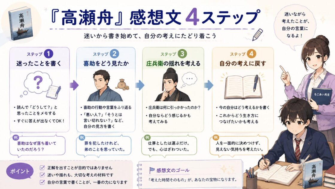 高瀬舟の感想文を、迷ったこと、喜助の見方、庄兵衛の揺れ、自分の考えの4ステップで書く図解