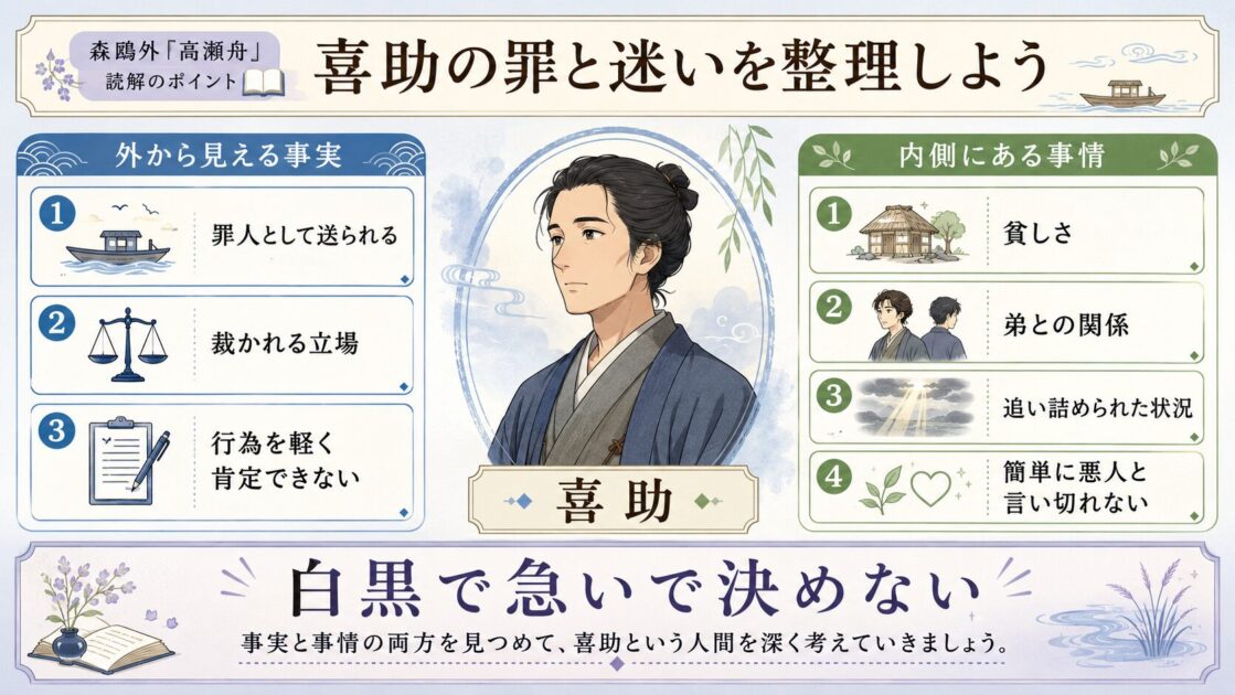 高瀬舟の喜助を、罪人という事実と、簡単に悪人と言い切れない事情の両面から考える図解