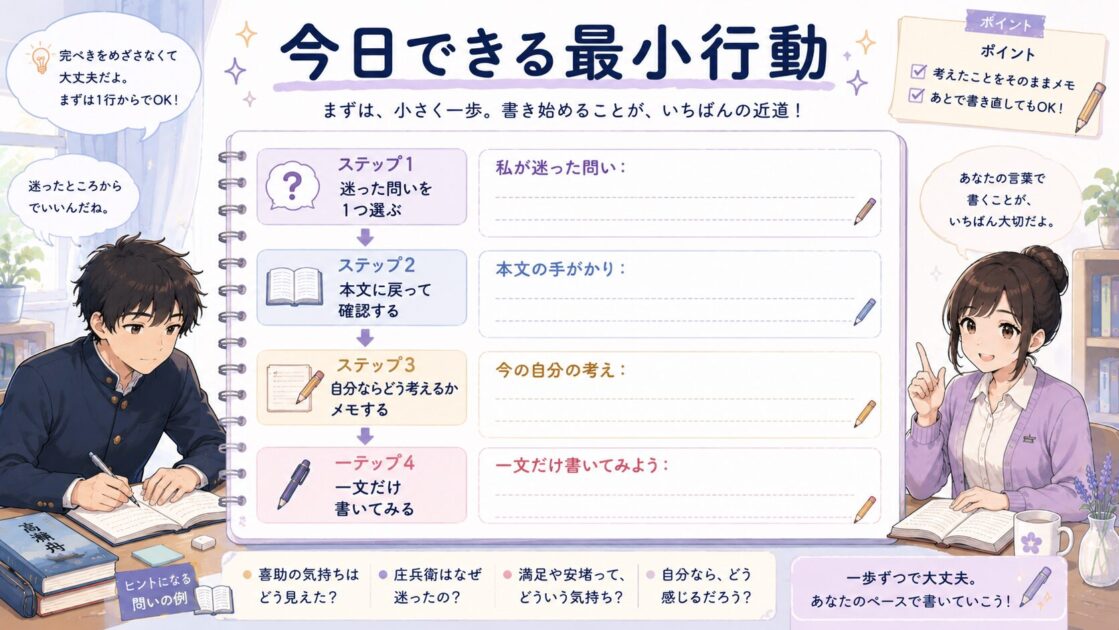 高瀬舟の感想文を書くために、迷った問いを1つ選び、本文に戻り、自分の考えを一文で書く最小行動シート