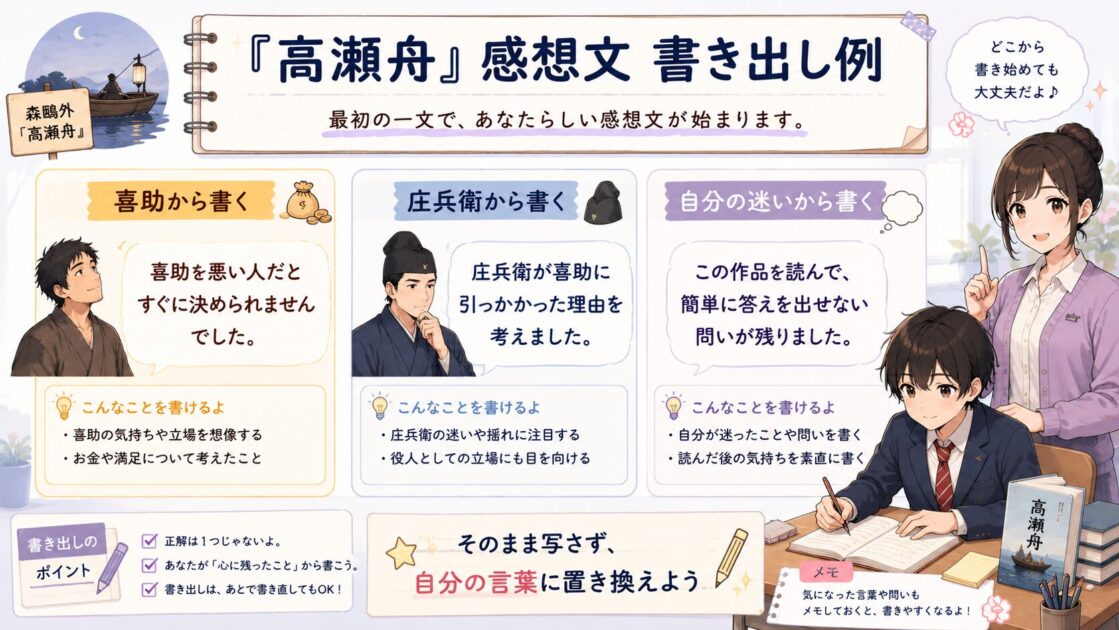 高瀬舟の感想文で使える書き出し例を、喜助、庄兵衛、自分の迷いの3方向で整理したシート