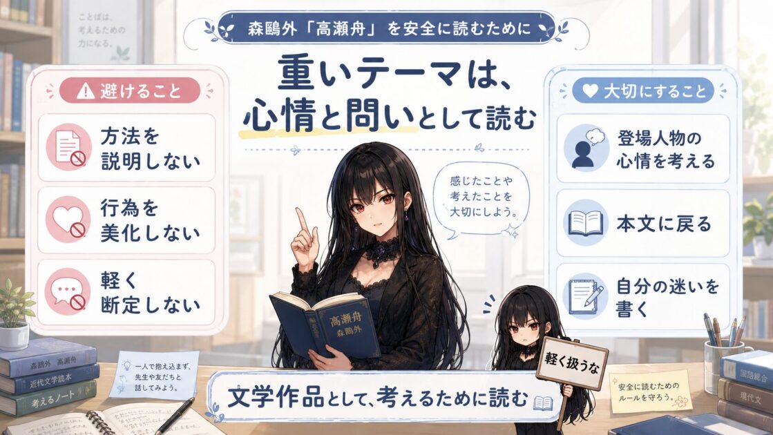 高瀬舟の重いテーマを、方法ではなく登場人物の心情や問いとして読むための注意図解