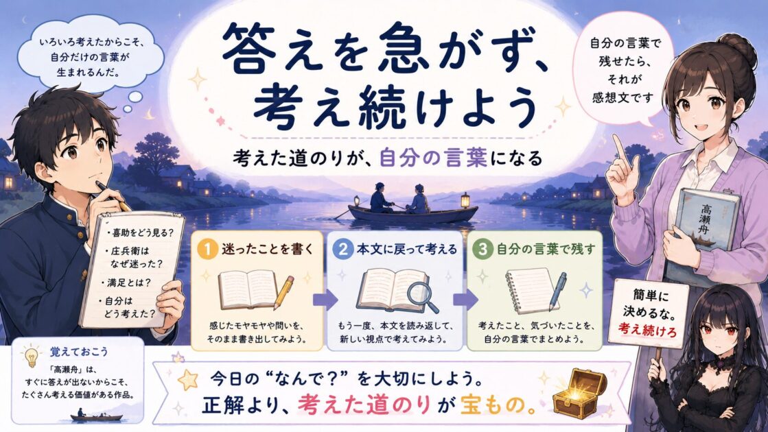 高瀬舟の感想文で、答えを急がず考え続けることが自分の言葉につながるとまとめる図解