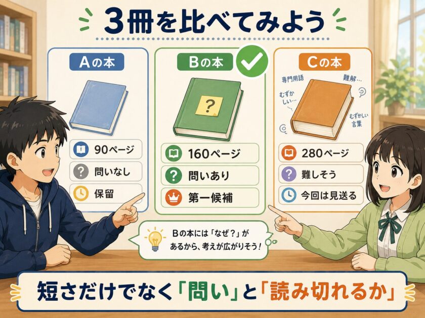 90ページ、160ページ、280ページの3冊を問いと読み切りやすさで比較する図