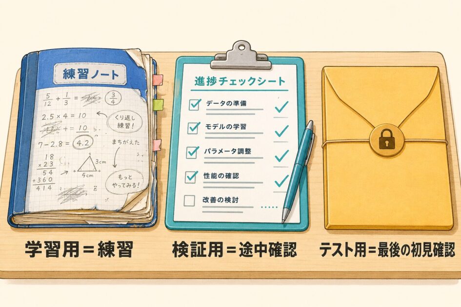 学習用・検証用・テスト用データの役割を練習、途中確認、最後の初見確認で表した図