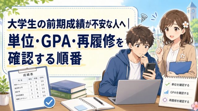 前期成績を見て不安な大学生が、単位・GPA・再履修の確認方法を教わっているアイキャッチ画像
