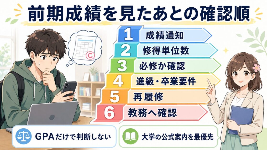 前期成績を見たあとに、成績通知、修得単位数、必修科目、進級・卒業要件、再履修、教務確認の順で進む図解