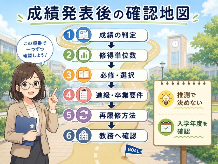 成績の判定から修得単位数、必修・選択、進級・卒業要件、再履修、教務確認へ進む確認地図