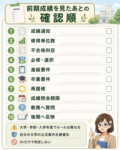 成績通知、修得単位数、不合格科目、必修、進級・卒業要件、再履修、成績照会期限、教務への質問を確認する保存用チェックリスト