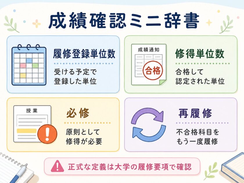 履修登録単位数、修得単位数、必修、再履修の違いを4つのカードで説明するミニ辞書