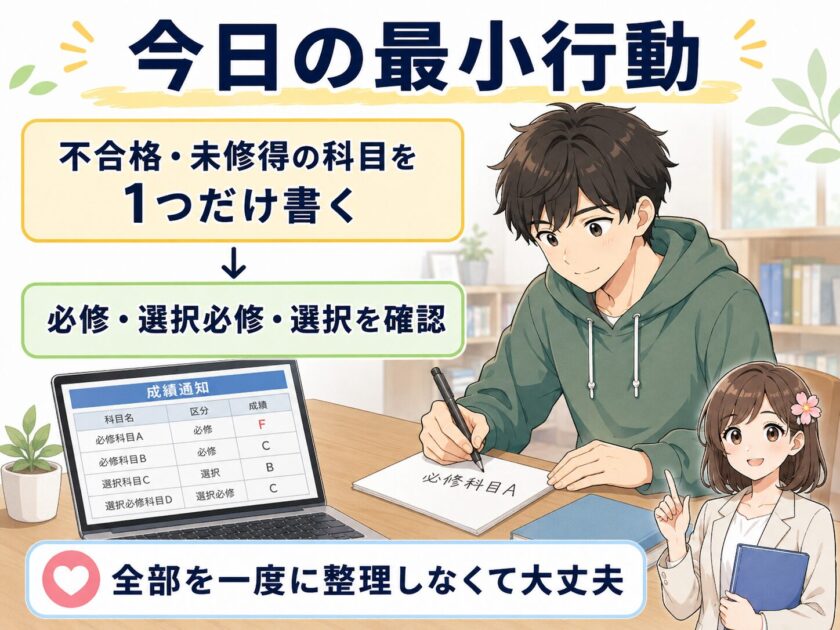 不合格または未修得の科目を一つ書き、必修・選択必修・選択の区分を確認する最小行動
