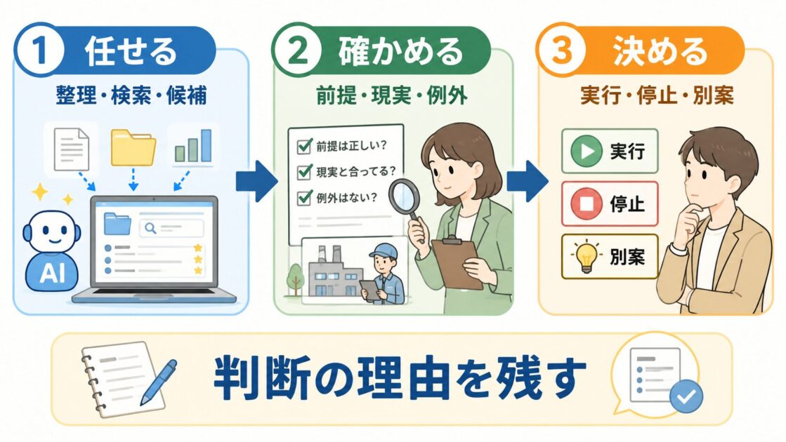 バーティカルAIを扱うときの、任せる、確かめる、決めるの3ステップを示した図