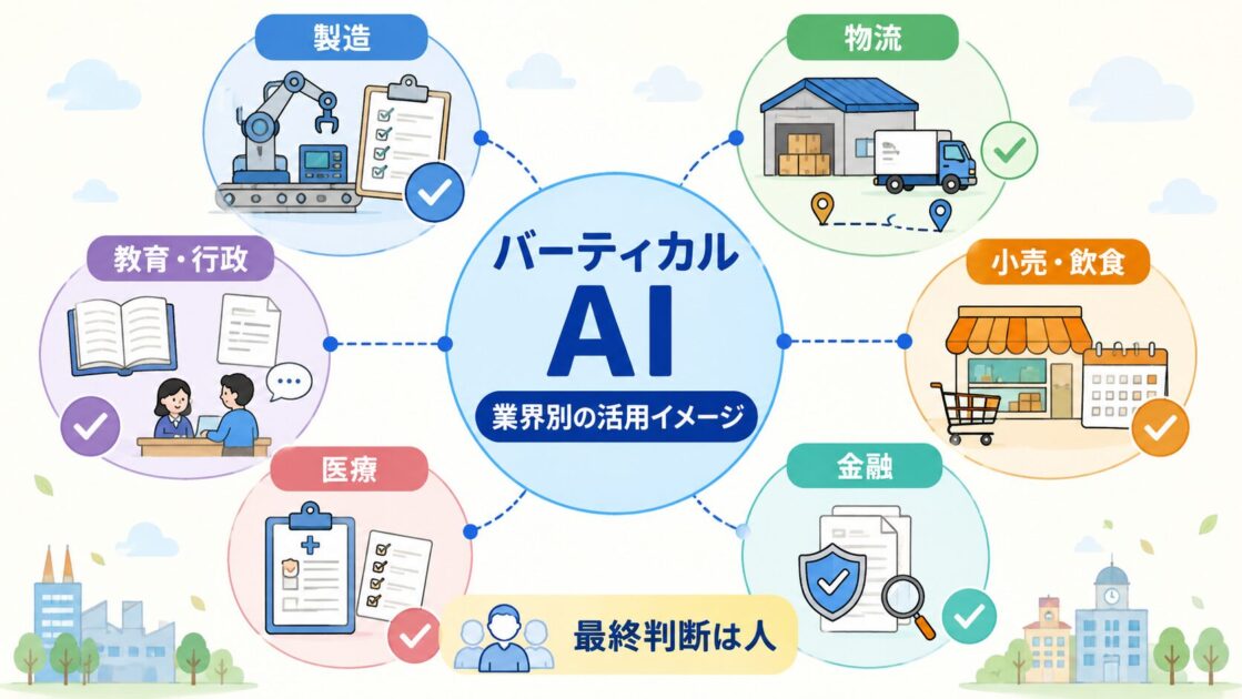 製造、物流、小売、教育、医療、金融などでバーティカルAIが仕事を支援するイメージ図
