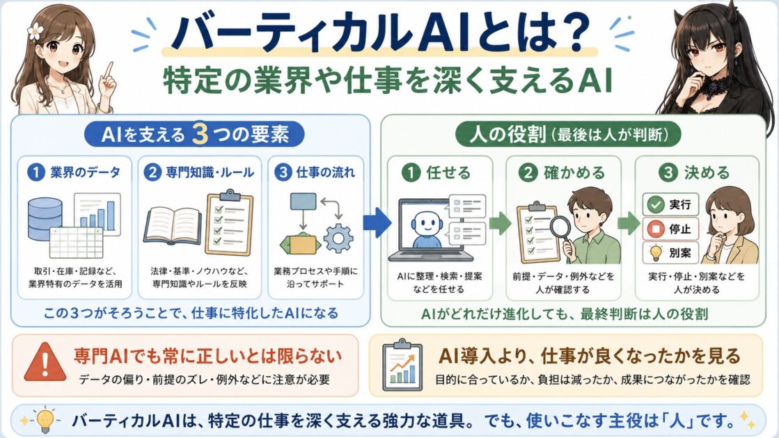 バーティカルAIの意味、3つの構成要素、人の役割、慎重に見るポイントを1枚にまとめた図