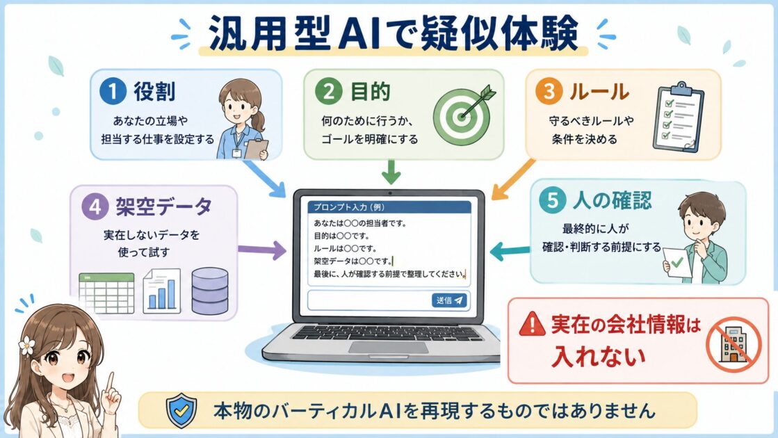 汎用型AIで仕事に特化した回答を疑似体験するための、役割、目的、ルール、架空データ、人の確認の5要素