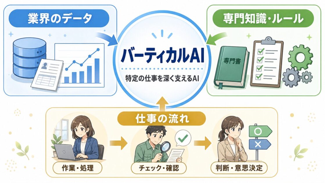 バーティカルAIを構成する業界のデータ、専門知識とルール、仕事の流れの3要素を示した図