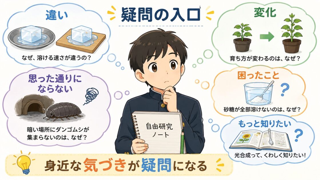 自由研究の疑問が違い・変化・困りごと・知りたいことから生まれる図