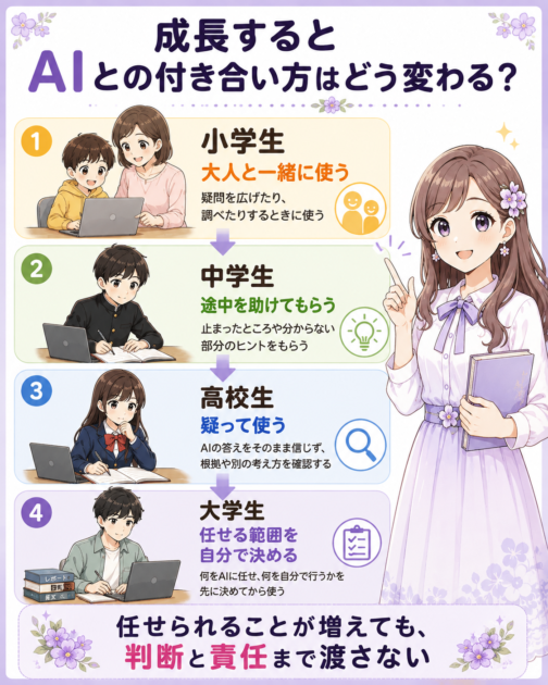 小学生から大学生までのAIとの付き合い方を、一緒に使う・途中を助けてもらう・疑って使う・任せる範囲を決めるの4段階で示した図