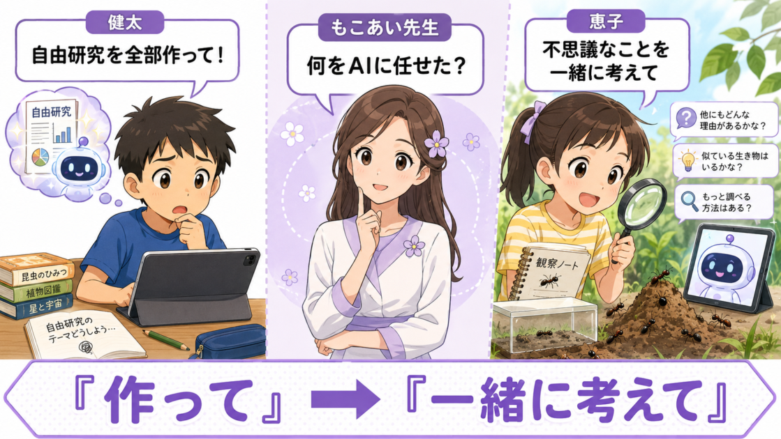 自由研究をAIに全部作らせる健太と、疑問を一緒に考えてもらう恵子を比較した小学生向けAI活用例
