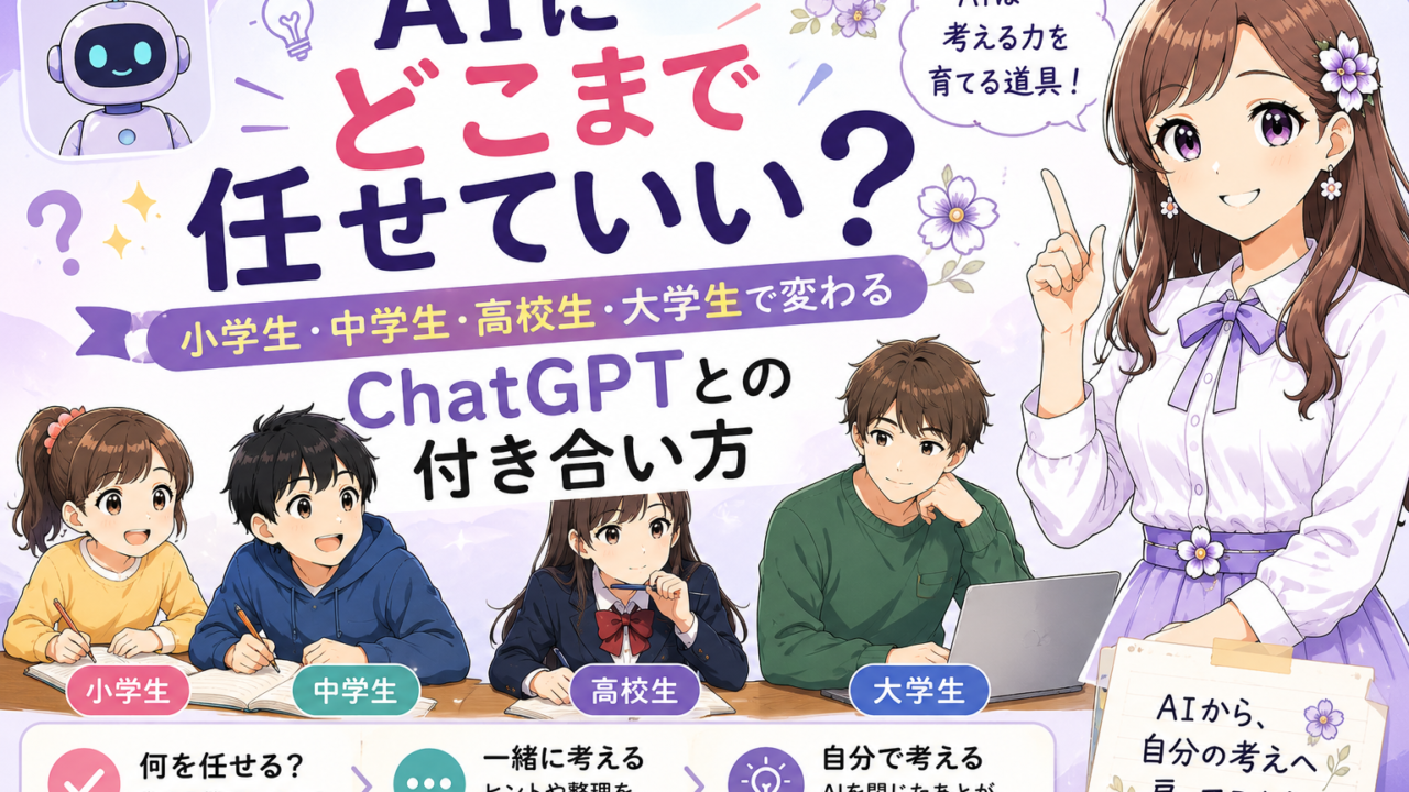 小学生・中学生・高校生・大学生で変わるChatGPTとの付き合い方と、AIにどこまで任せるかを示したアイキャッチ画像