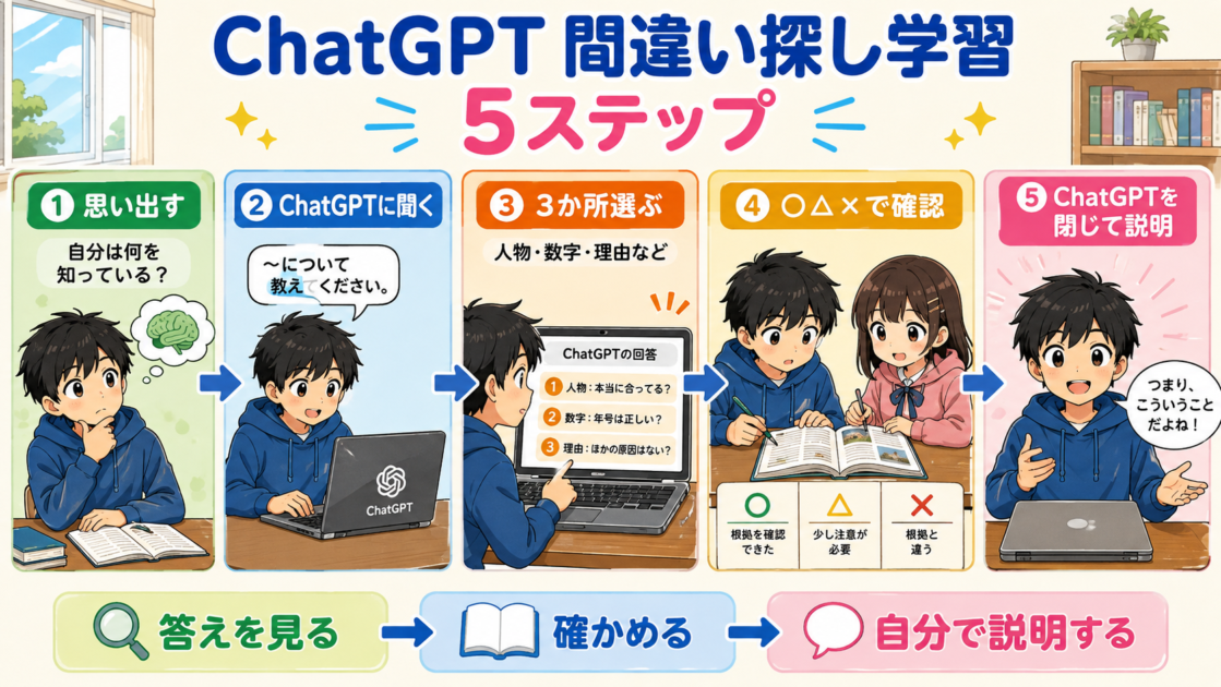 ChatGPTの答えを確認して学ぶ5ステップを、思い出す・質問する・3か所選ぶ・○△×で確認する・自分で説明する順番で示した図