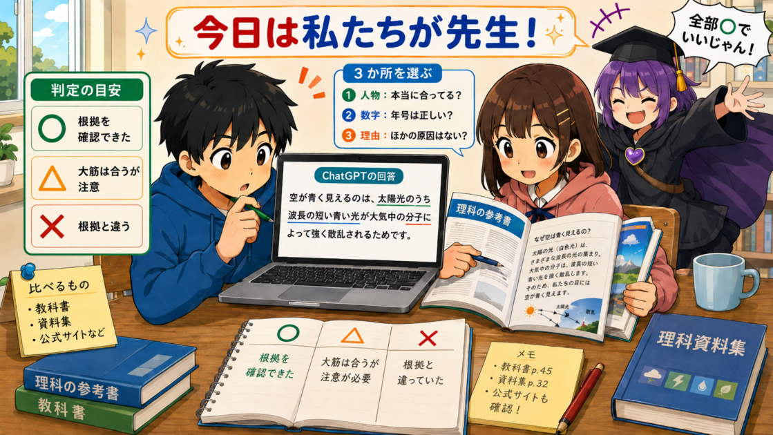 健太と恵子が教科書とChatGPTの回答を比較し、○・△・×で内容を確認している学習場面