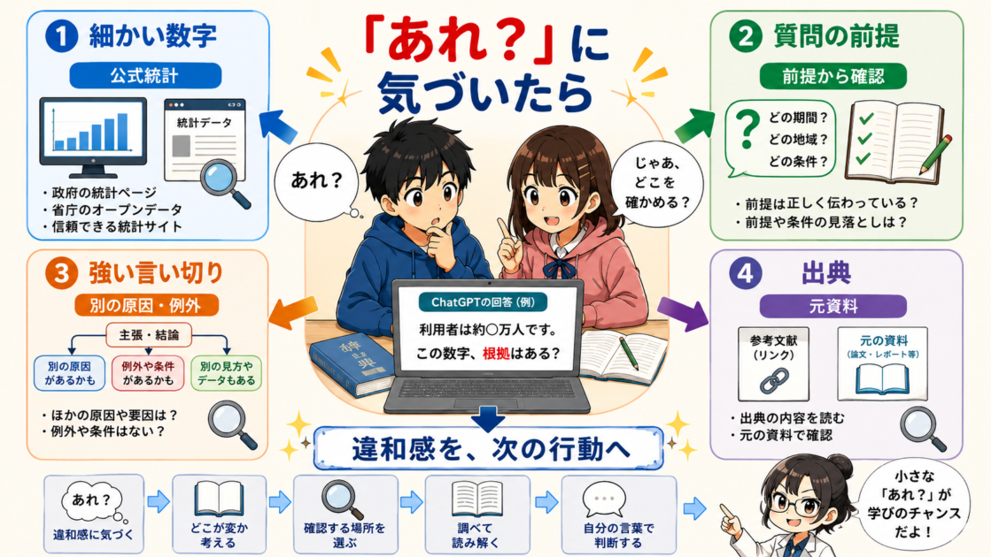 ChatGPTの回答への違和感から、数字は公式統計、前提は質問内容、言い切りは例外、出典は元資料を確認する流れを示した図