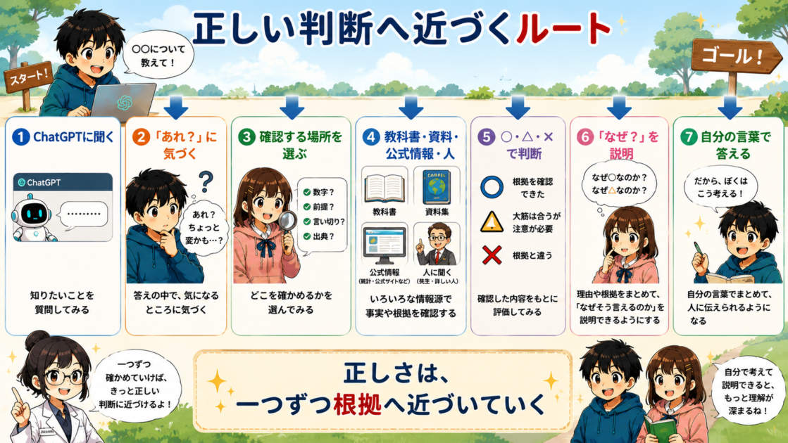ChatGPTへの質問から違和感、資料確認、○△×の判断、理由の説明、自分の言葉で答えるまでの確認ルート