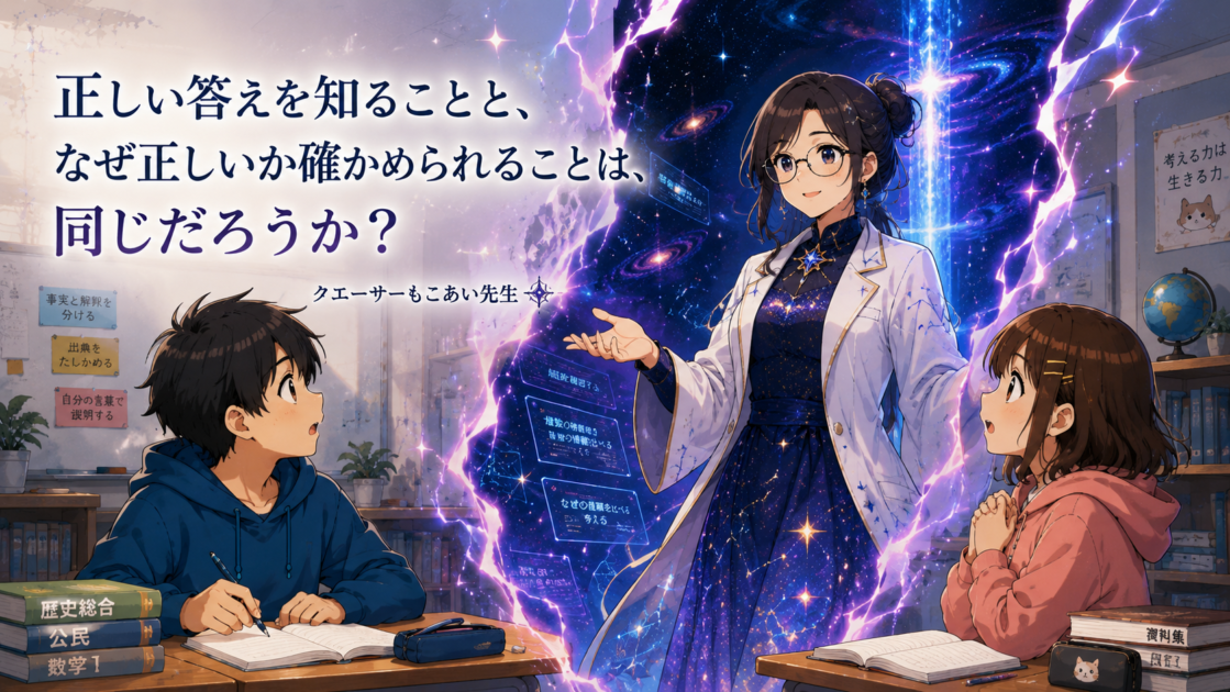 次元の裂け目の向こうから現れたクエーサーもこあい先生が、健太と恵子に「正しい答えを知ること」と「なぜ正しいか確かめられること」の違いを問いかける場面