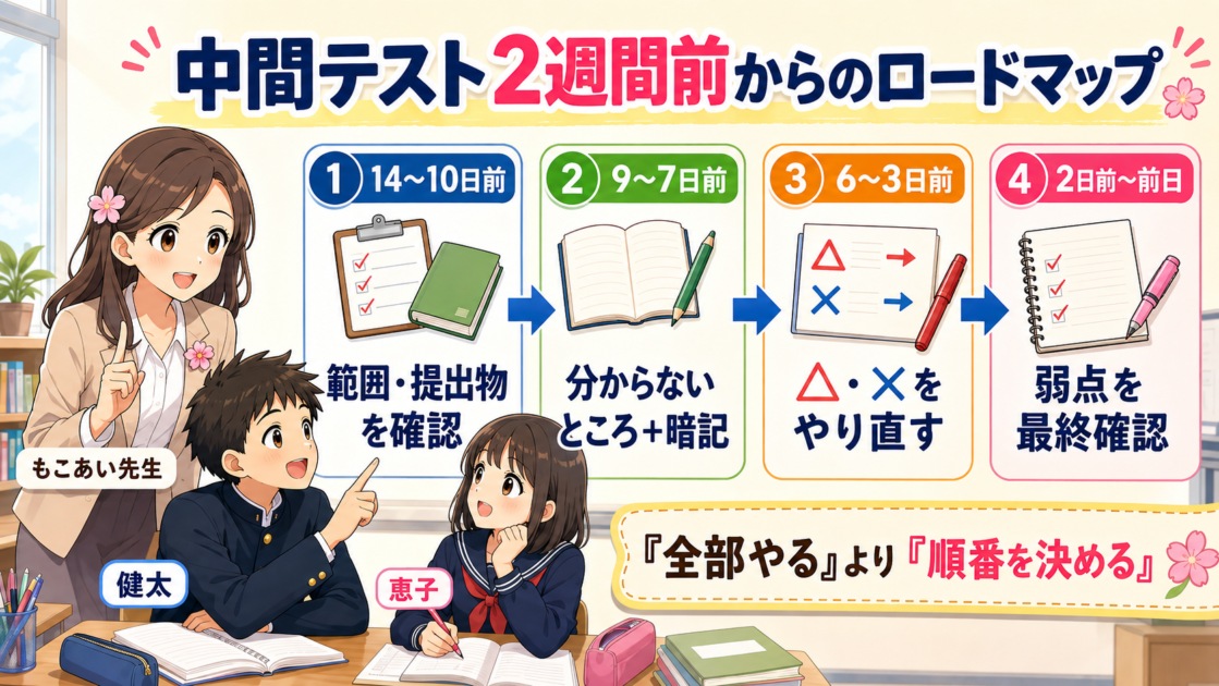 中間テスト2週間前から前日までの勉強の順番を4段階で示すロードマップ