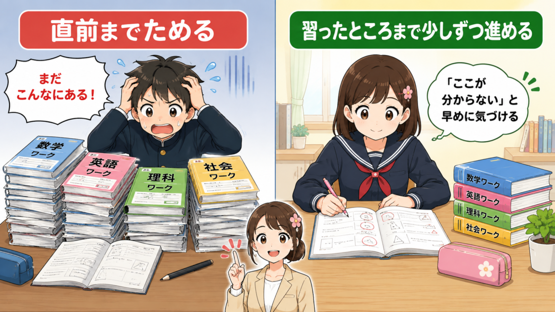 テスト直前までワークをためる場合と普段から少しずつ進める場合の違い