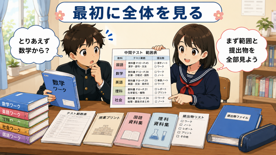 中間テスト対策を始める前に5教科の範囲と提出物を確認する健太と恵子