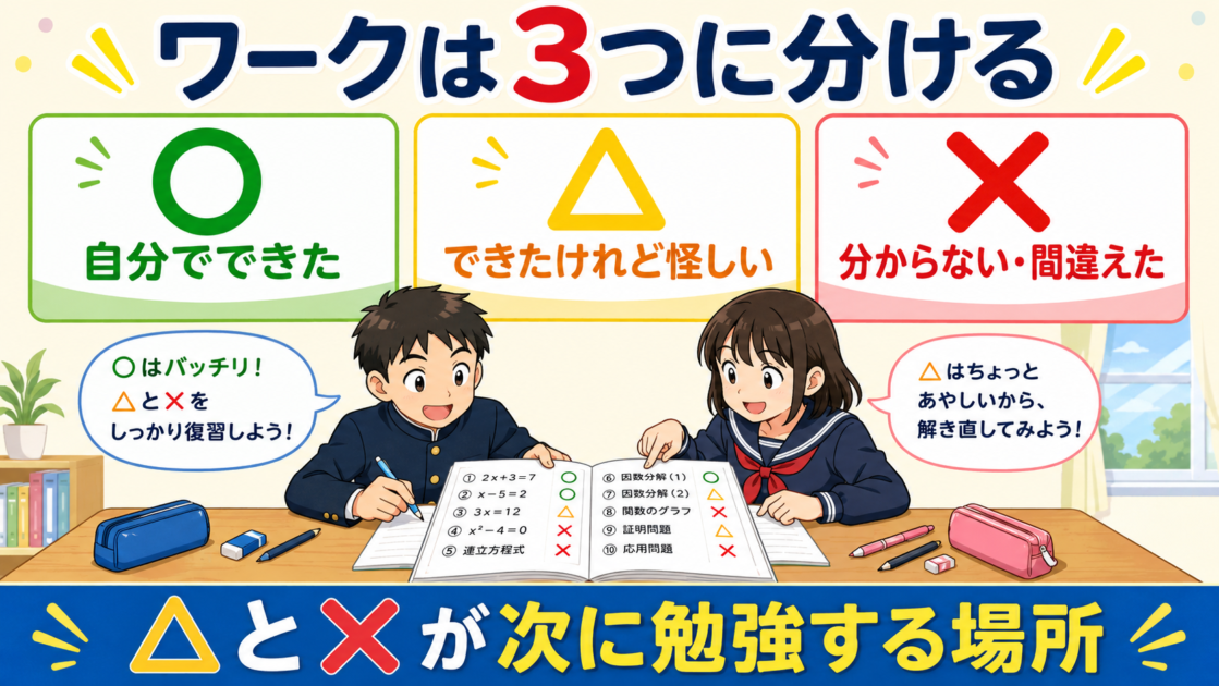 学校ワークの問題を○・△・×の3段階に分けて復習する方法