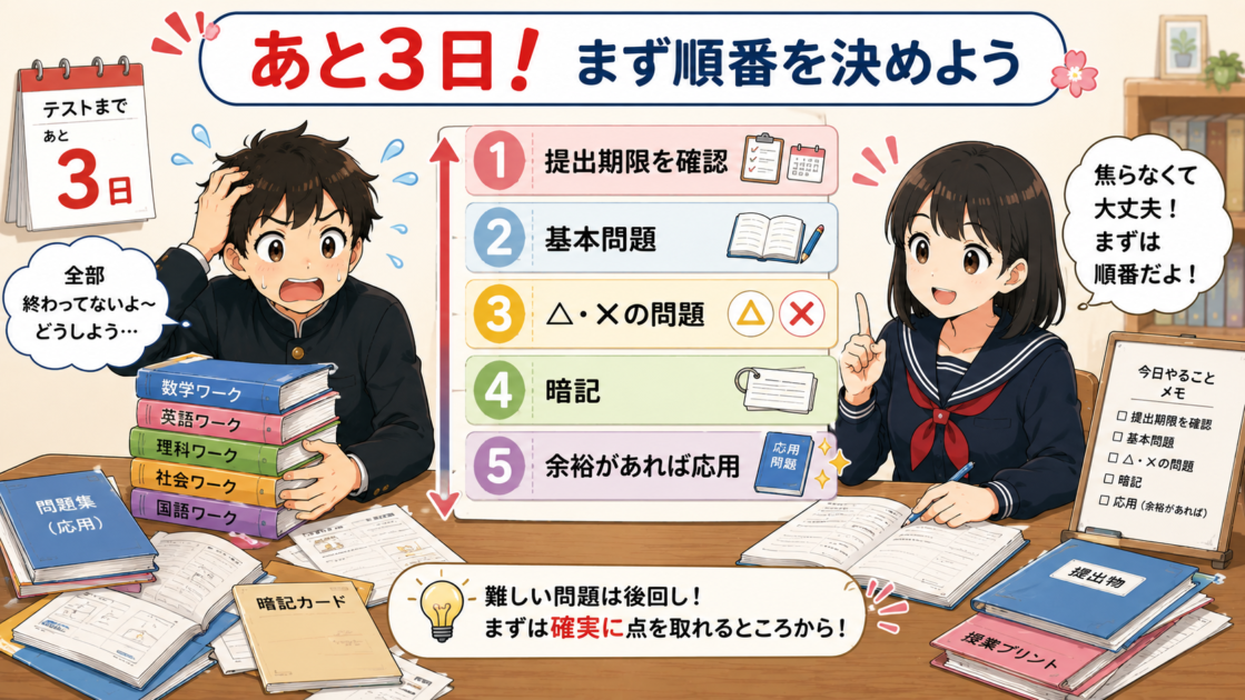 中間テスト3日前に提出期限、基本問題、間違えた問題、暗記の順で進める優先順位