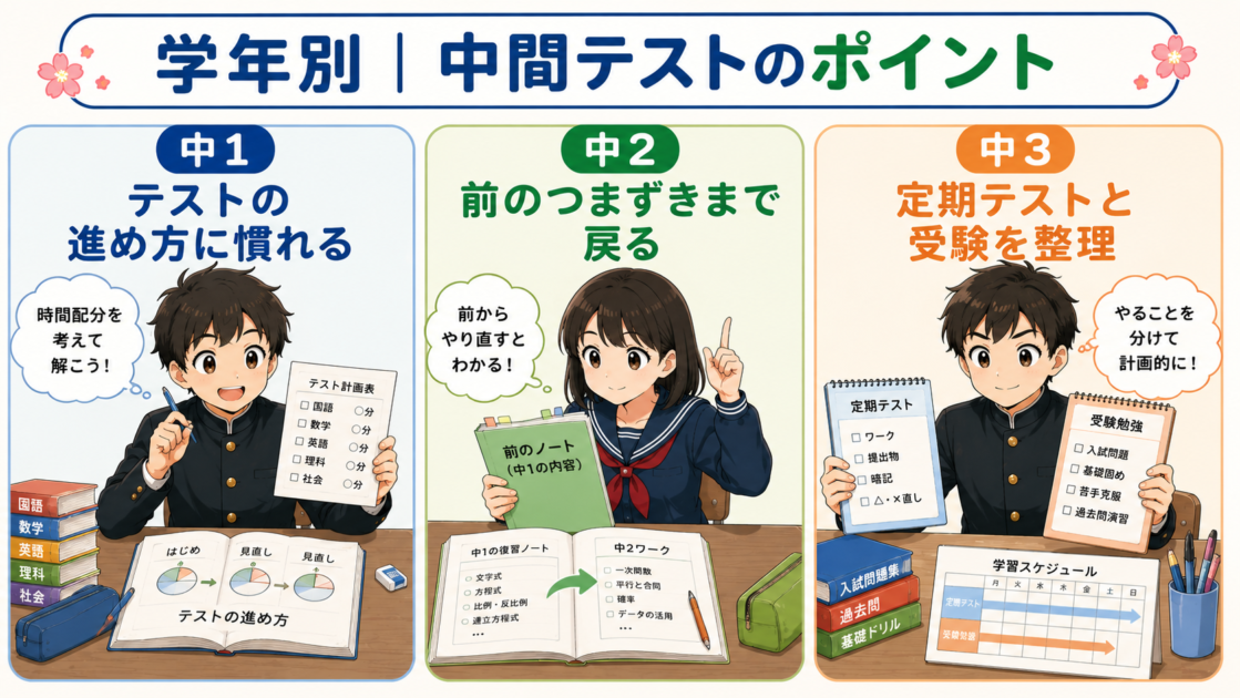 中1はテストの進め方、中2は前学年の復習、中3は受験との両立を意識する学年別ポイント
