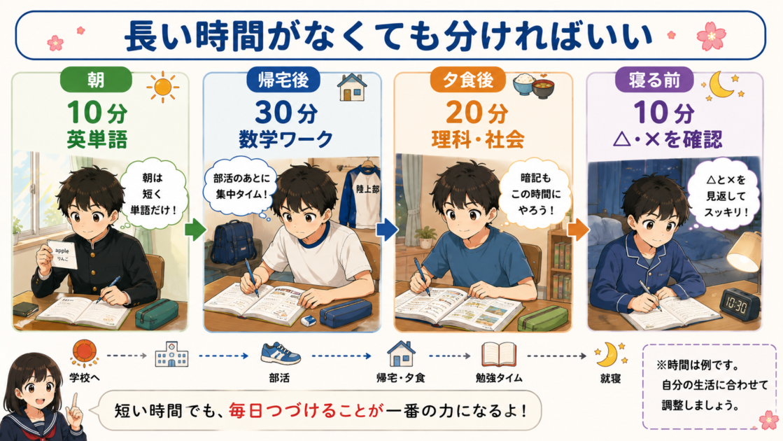部活がある中学生が朝や帰宅後など短い時間に分けてテスト勉強する一日の例