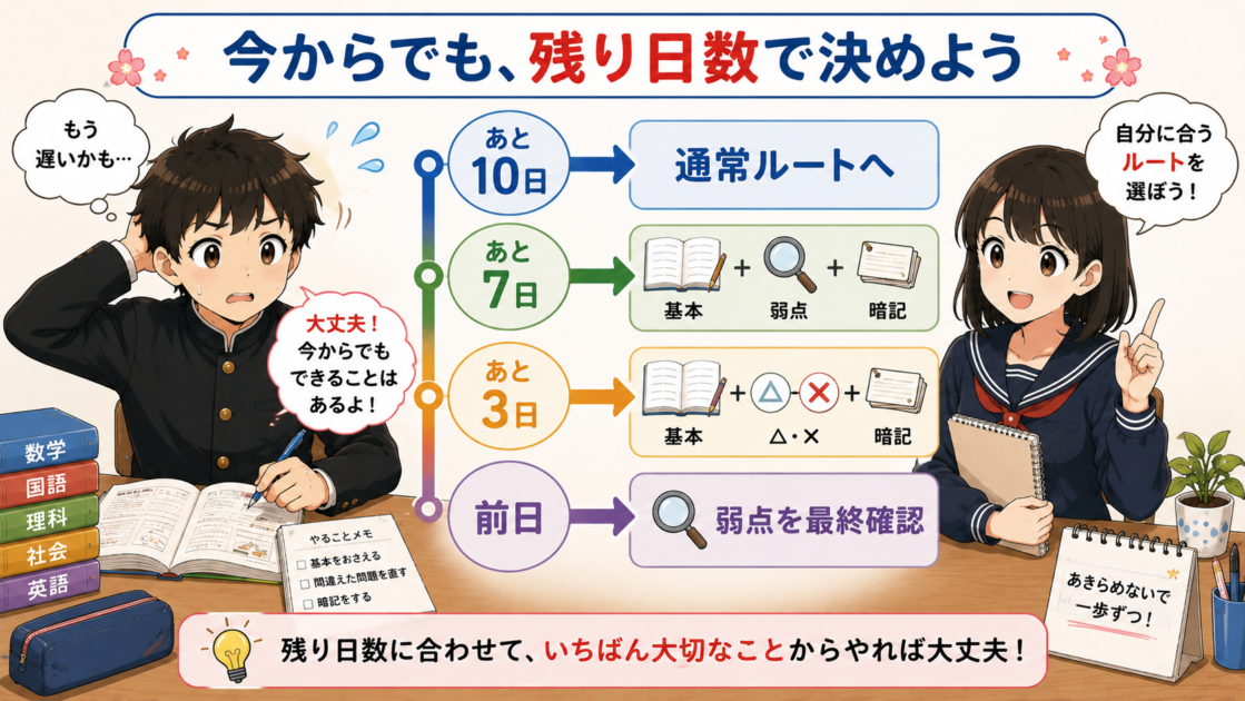 テストまで残り10日、7日、3日、前日それぞれの勉強の優先順位を示す救済ルート