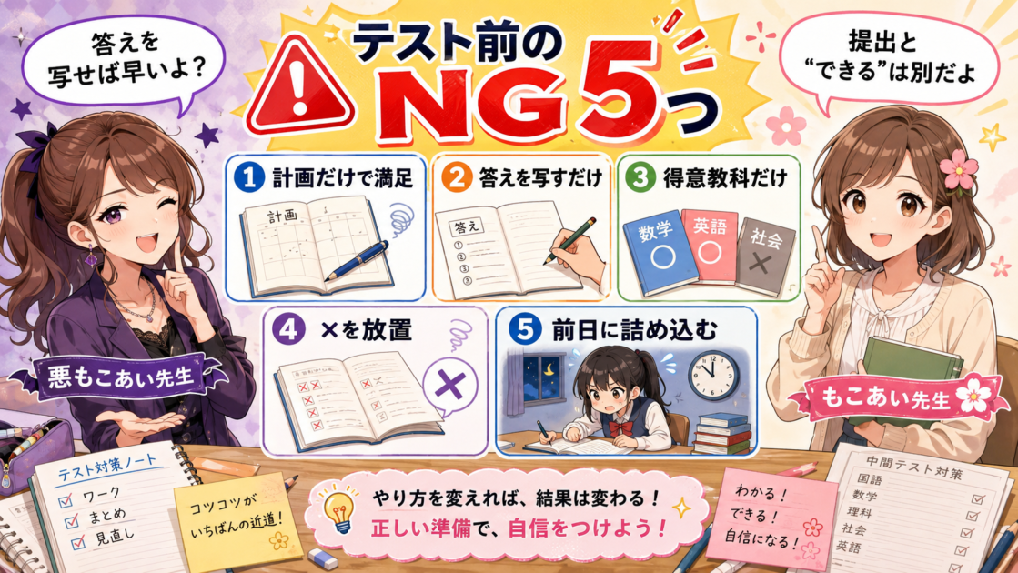 中間テスト前に避けたい計画だけ、答え写し、得意教科だけ、間違い放置、前日詰め込みの5つ