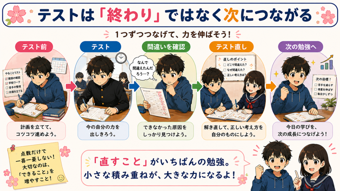 テスト前の勉強からテスト直し、次の学習までをつなぐ学習サイクル
