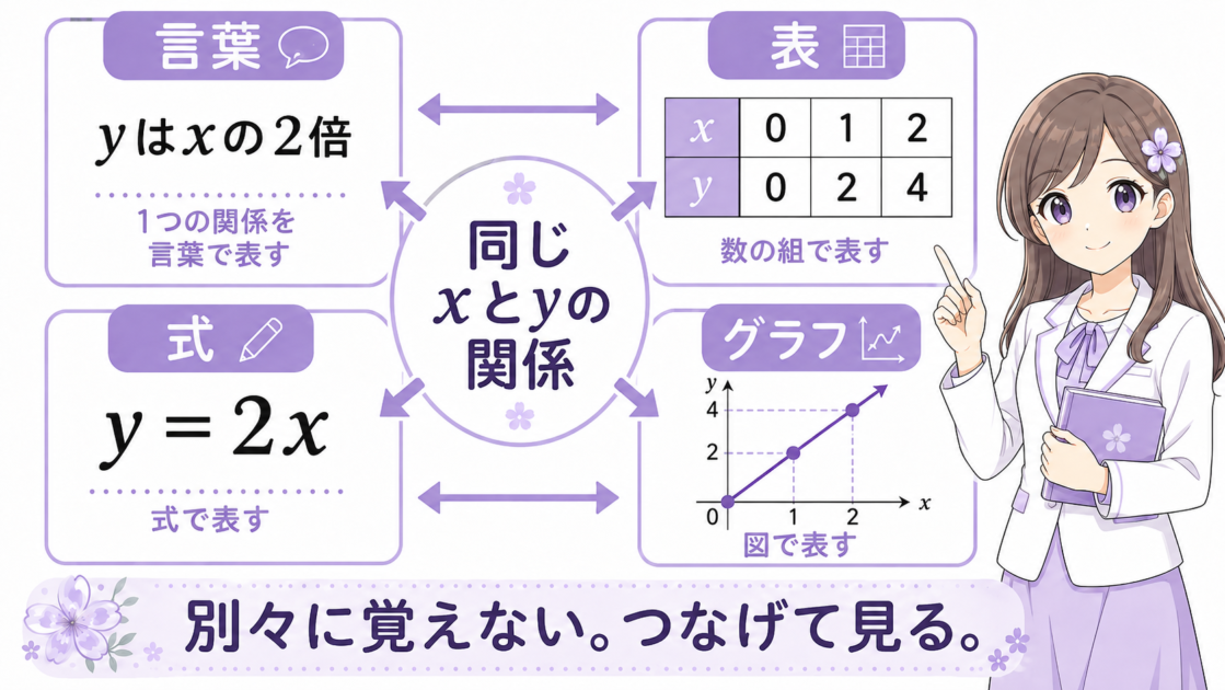 比例・反比例では言葉、表、式、グラフが同じxとyの関係を異なる形で表していることを示す図
