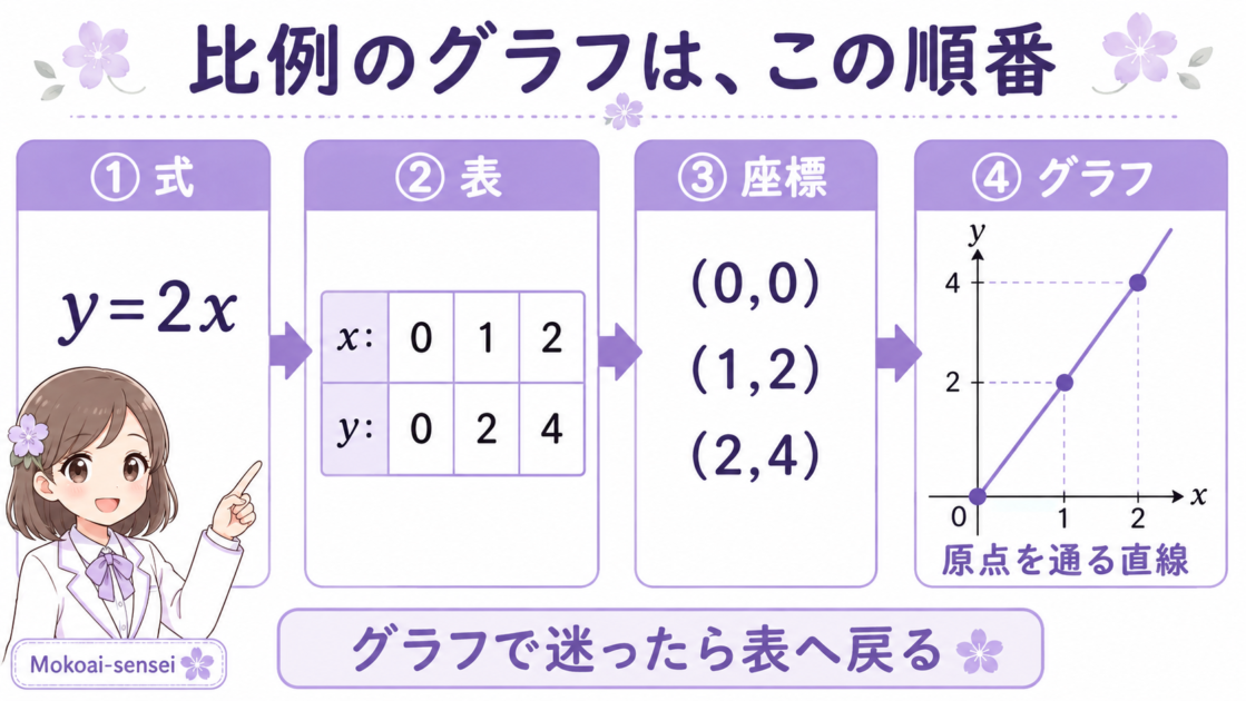 比例y=2xを式から表、座標、原点を通る直線グラフへ変換する4ステップ図