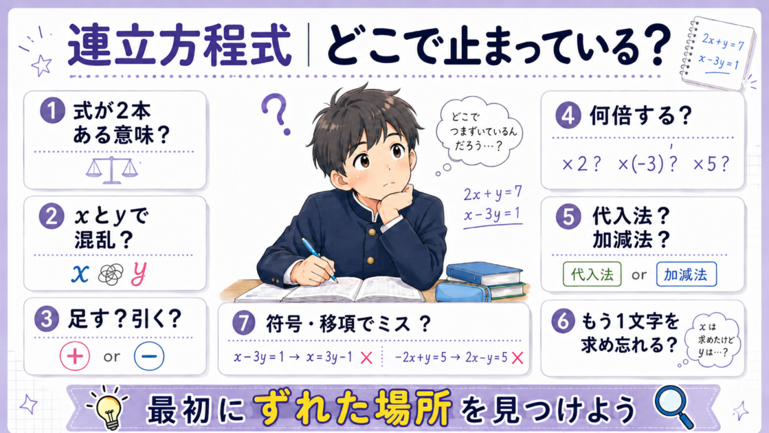 連立方程式でつまずく7つのポイントを確認する30秒診断図