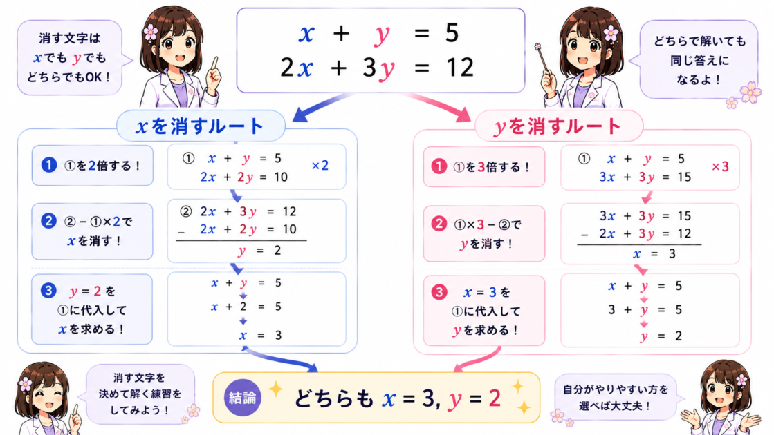 同じ連立方程式でxを消す場合とyを消す場合の2つの解法を比較した図