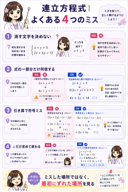 連立方程式でよくある4つの計算ミスをまとめたチェック図