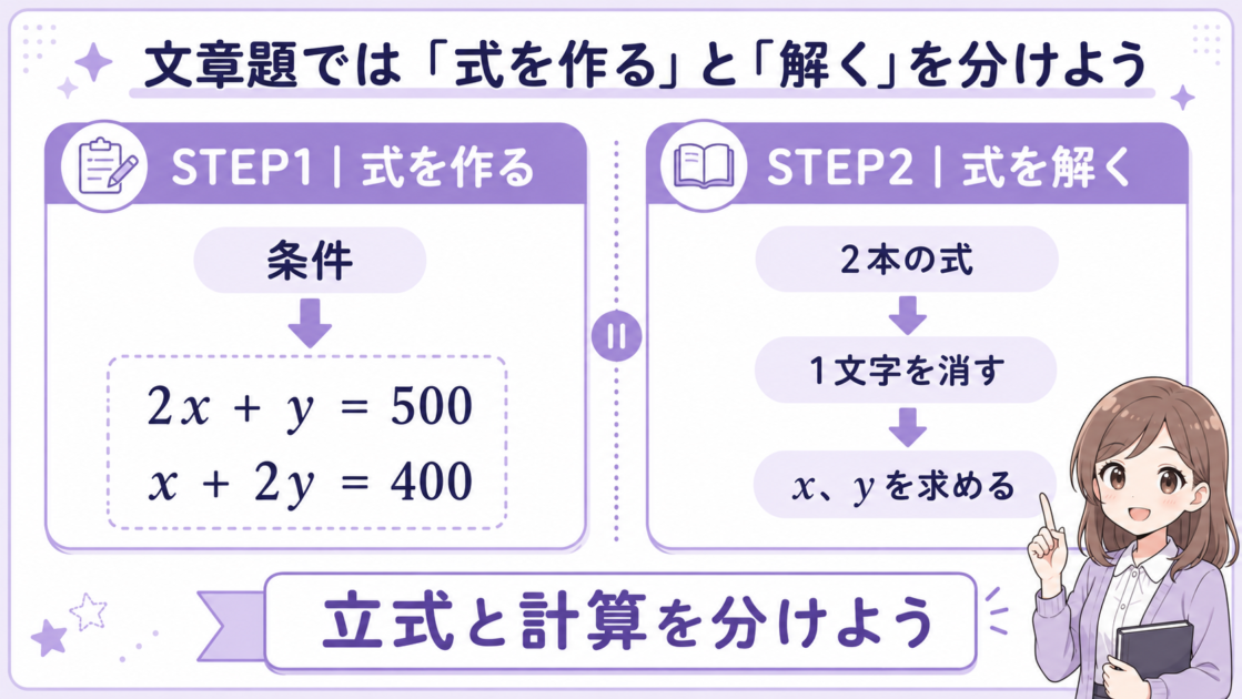 連立方程式の文章題を式を作る段階と式を解く段階に分けた図