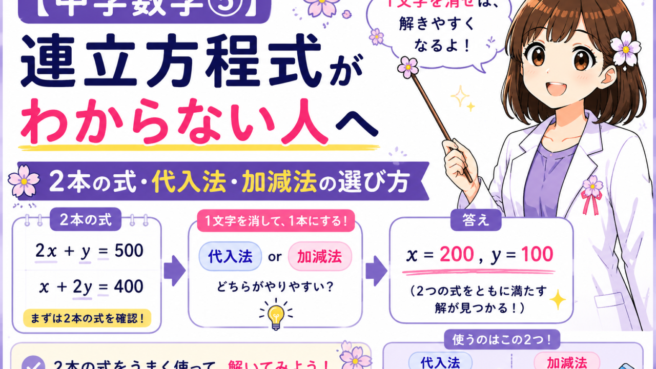 連立方程式がわからない中学生向けに2本の式と代入法・加減法の選び方を説明するアイキャッチ画像