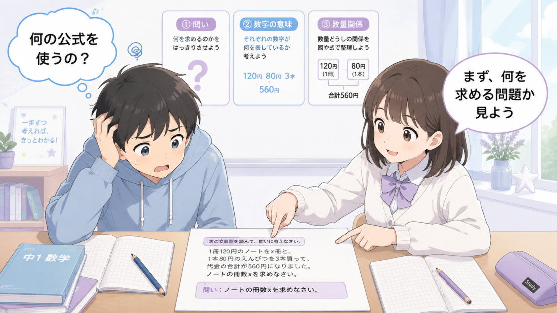 中1の文章題を見て公式を急いで探す健太と、問いや数字の意味へ戻す恵子