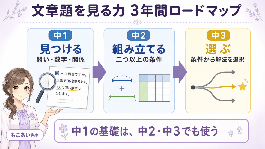 中1で問い数字関係を見つけ中2で条件を組み立て中3で解法を選ぶ文章題シリーズのロードマップ